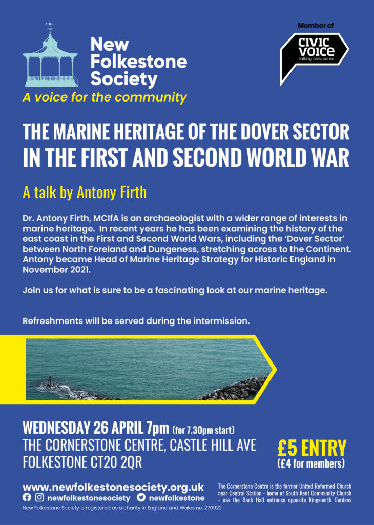 Poster for talk by Antony First on the marine heritage of the Dover Sector in the First and Second World War