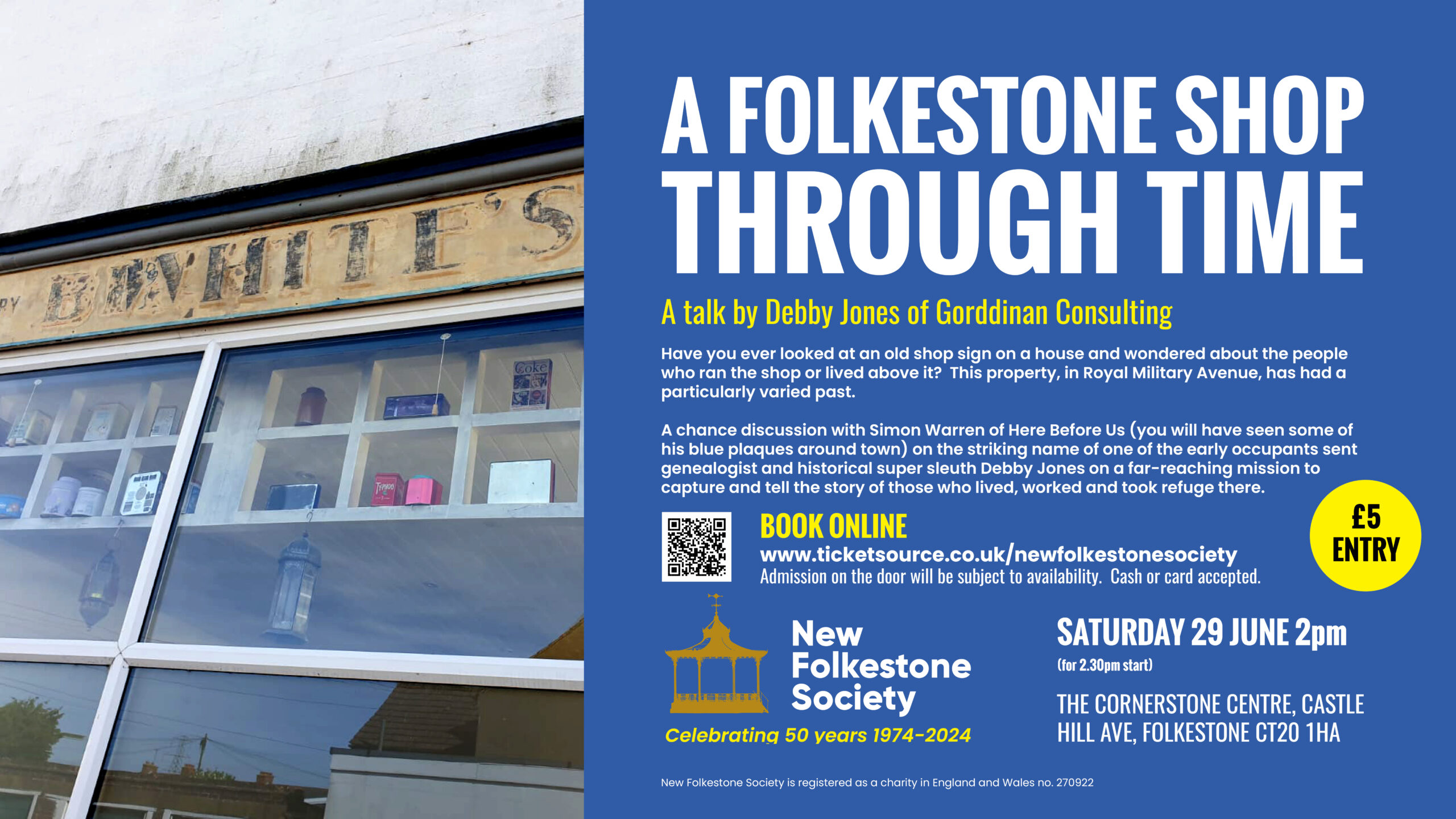 Poster for 'A Folkestone Shop Through Time' - a talk by local historian Debby Jones about the history of a former shop in Royal Military Avenue
