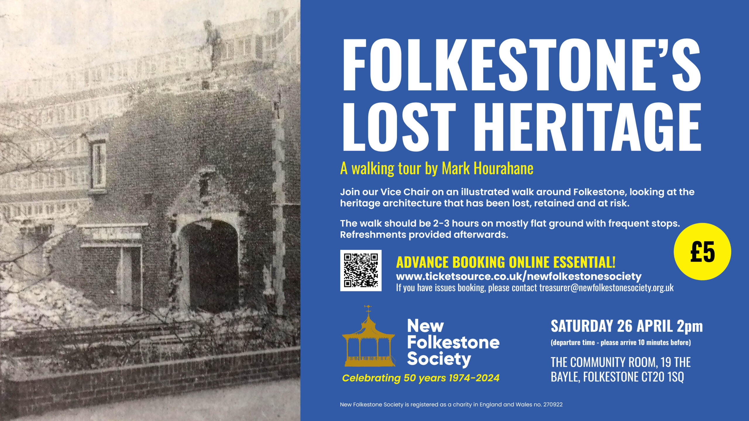 Poster for the 'Folkestone's Lost Heritage' walking tour by Mark Hourahane, showing a building being demolished