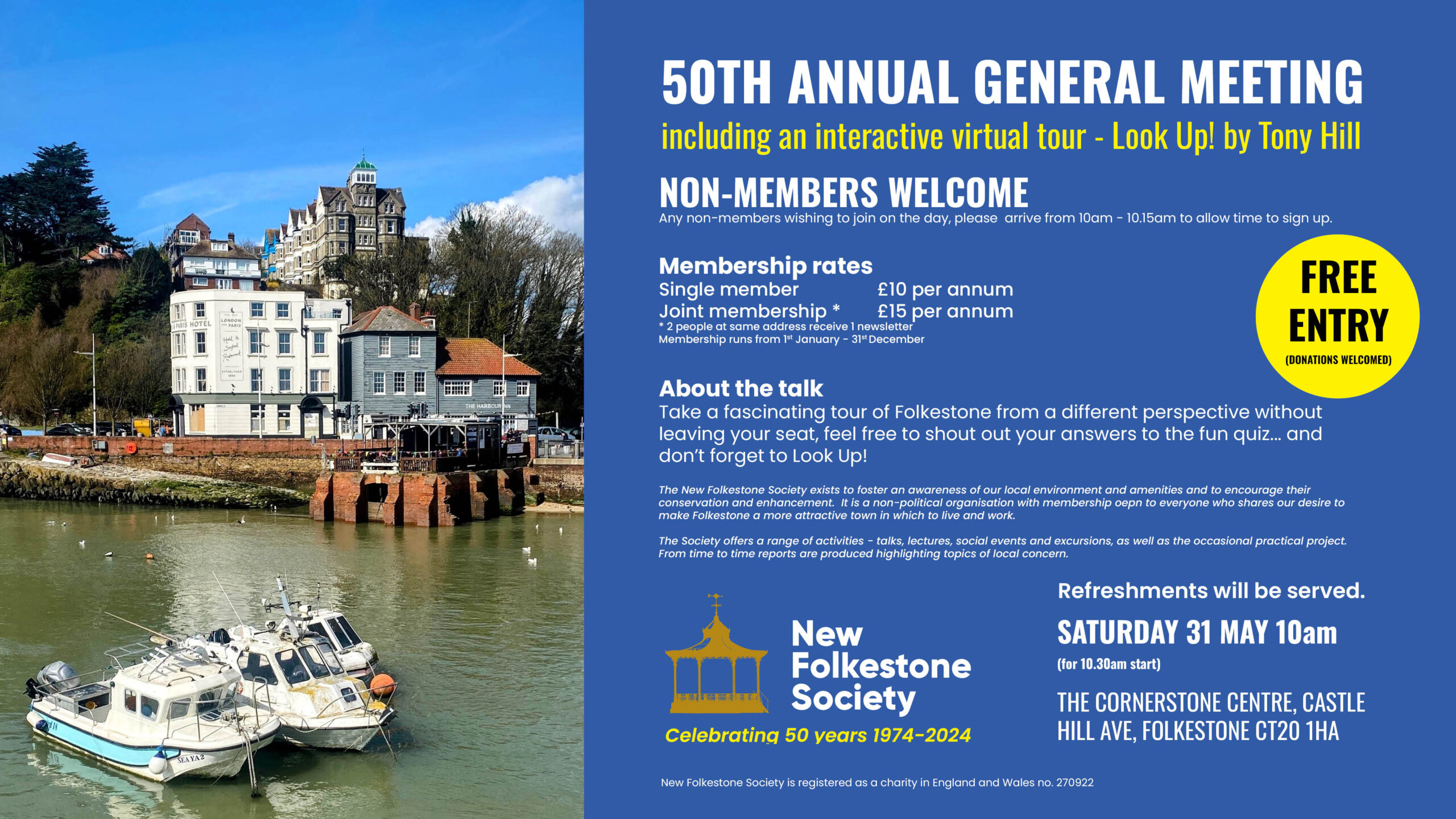 A poster for the 2025 AGM followed by a virtual interactive talk 'Look Up' featuring a photo of Folkestone harbour