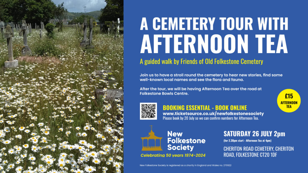 A poster for A Cemetery Tour with Afternoon Tea. The poster is in the Society's brand colours - white and yellow text on a dark blue background. It features a photograph of flowers in Cheriton Road cemetery