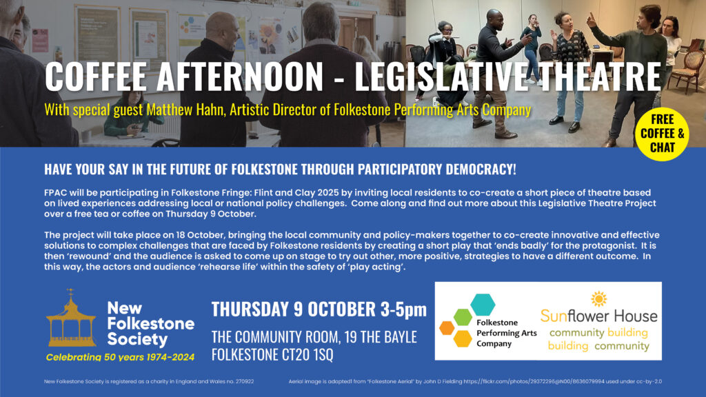 A poster for the legislative theatre event, using the Society's theme colours - white text on a blue background. A photograph shows participants in Legislative Theatre