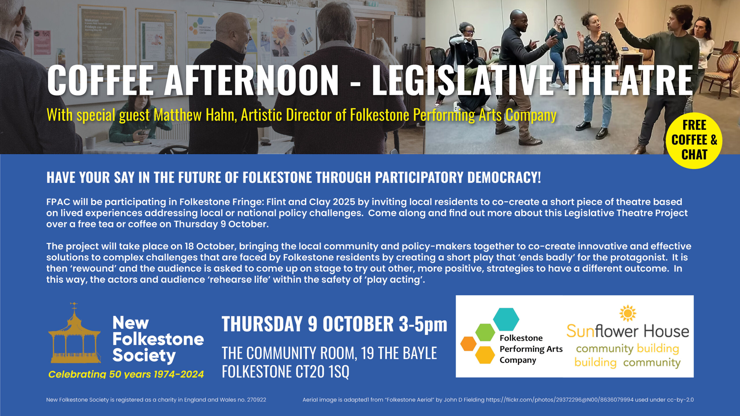 A poster for the legislative theatre event, using the Society's theme colours - white text on a blue background. A photograph shows participants in Legislative Theatre