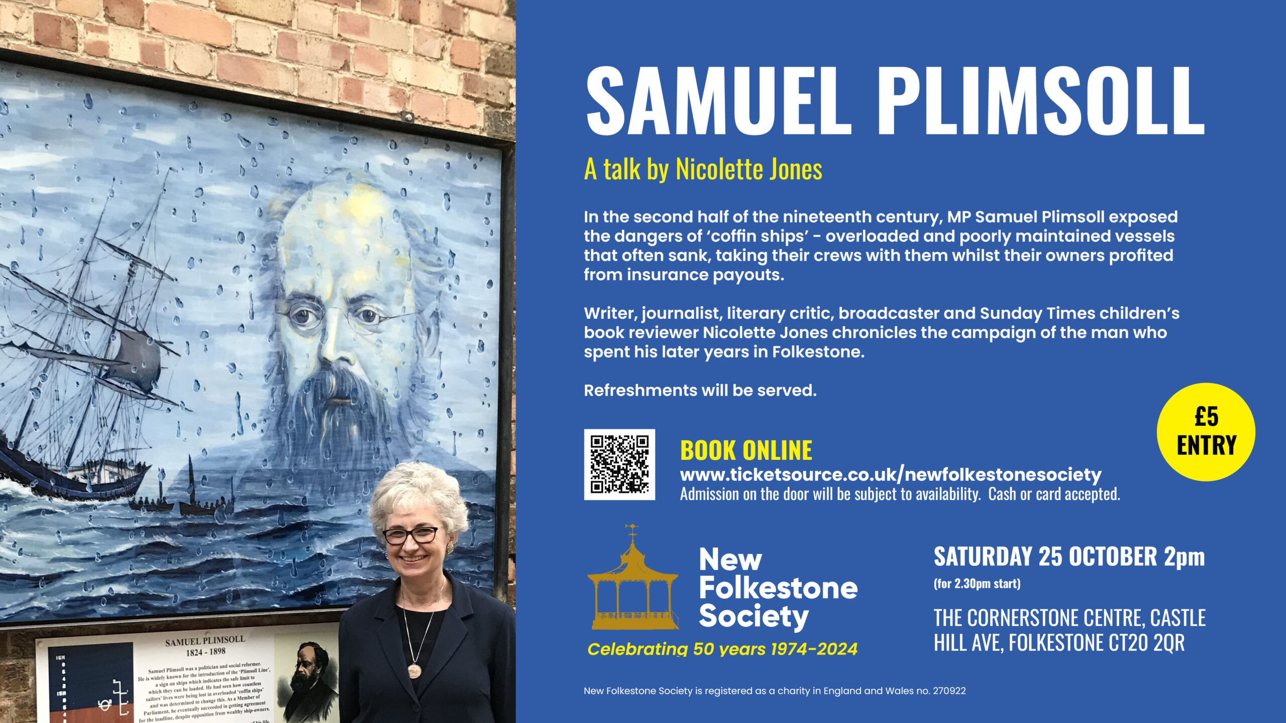 A poster for the Samuel Plimsoll talk. The poster is in the Society's brand colours - white and yellow text on a dark blue background. It features a photograph of speaker Nicolette Jones in front of a painting of Samuel Plimsoll by Shane Record