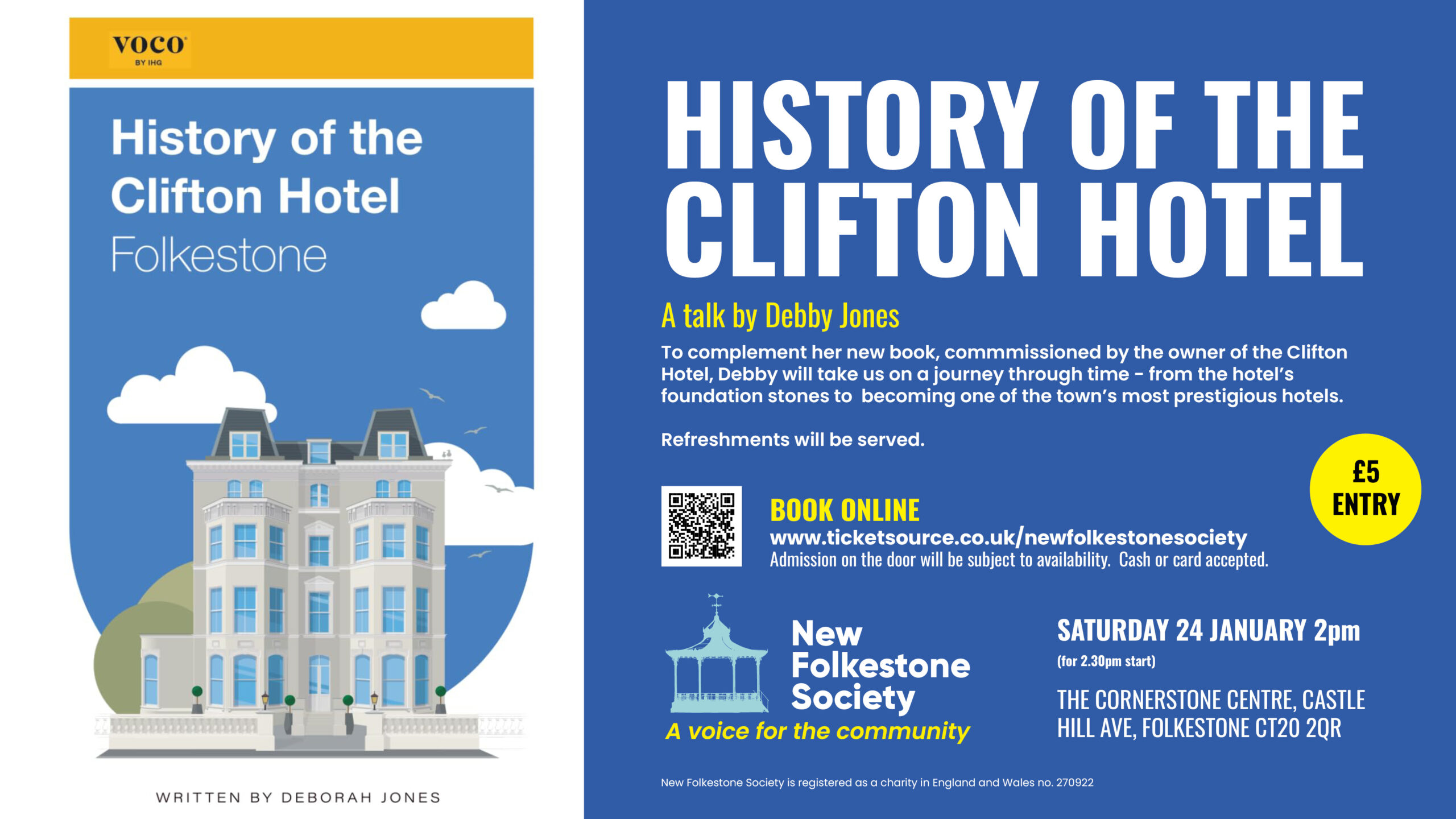 Poster for History of the Clifton Hotel talk. The poster is in the Society's brand colours - white and yellow text on a dark blue background - and features an image of the cover of Debby Jones' book of the same title