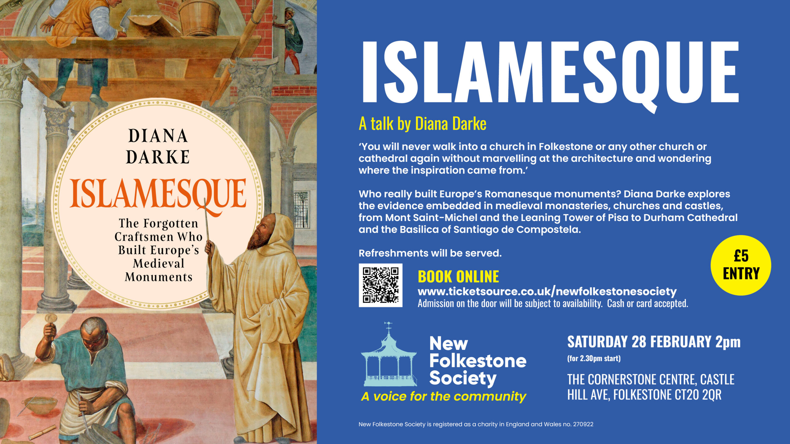 Poster for the 'Islamesque' talk by Diana Darke. The poster is in the Society's colours - white and yellow text on a dark blue background - and features an image of the front cover of Diana's book