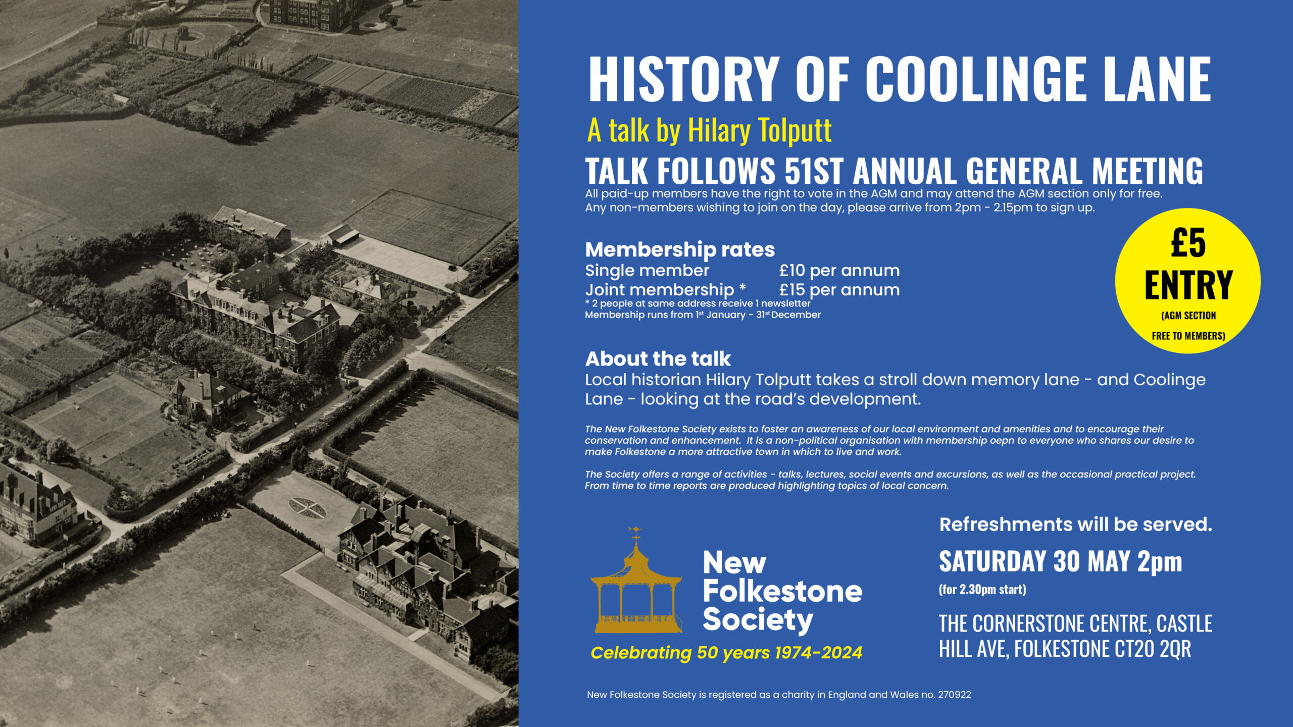 Poster for 'History of Coolinge Lane' talk by Hilary Tolputt, which follows the AGM. The poster is in the Society's colours - white and yellow text on a dark blue background - and features an old aerial photograph of Coolinge Lane