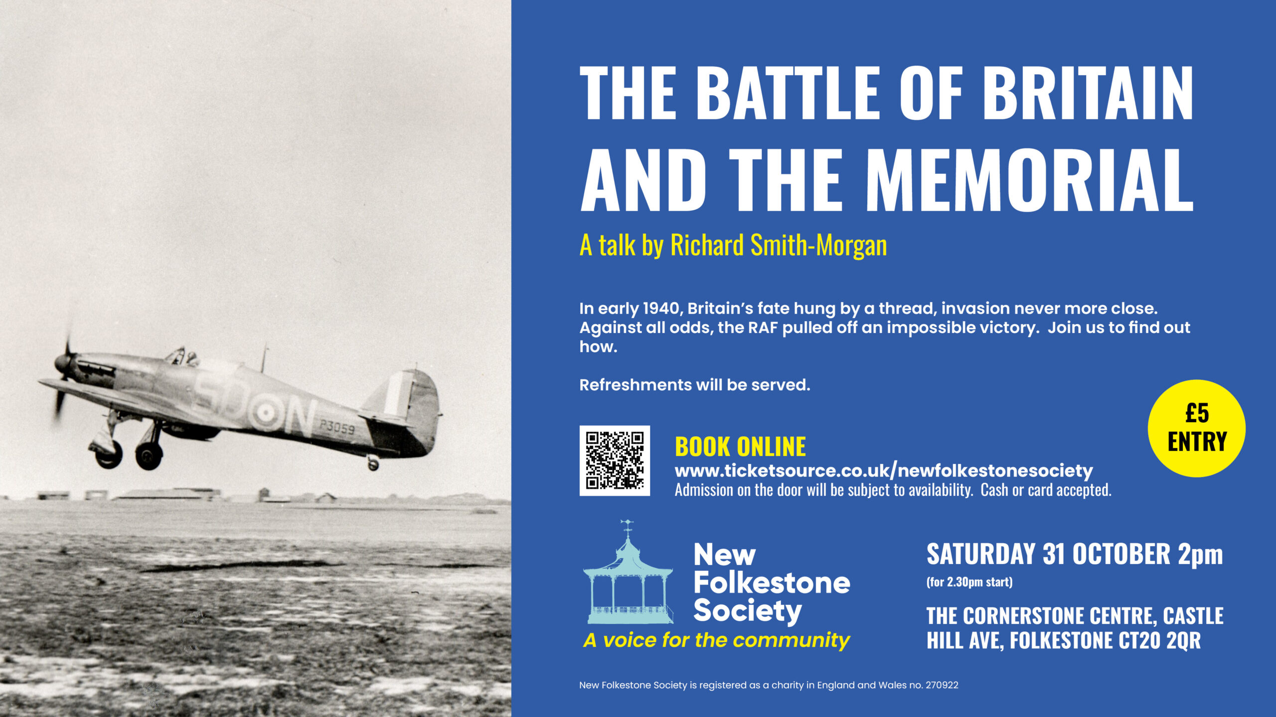 A poster for the New Folkestone Society's talk on the Battle of Britain and the Battle of Britain Memorial at Capel-le-Ferne. The poster is in the Society's brand colours - white and yellow text on a dark blue background. It features an image of a Spitfire taking off at RAF Hawkinge.