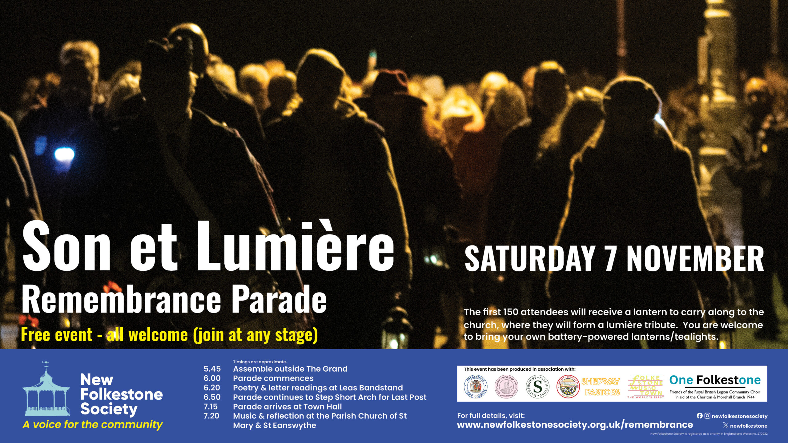 A poster for the Remembrance Parade 2026. The poster is in the Society's brand colours - white and yellow text on a dark blue background - and features an image of people silhouetted marching with lanterns on a previous year's parade