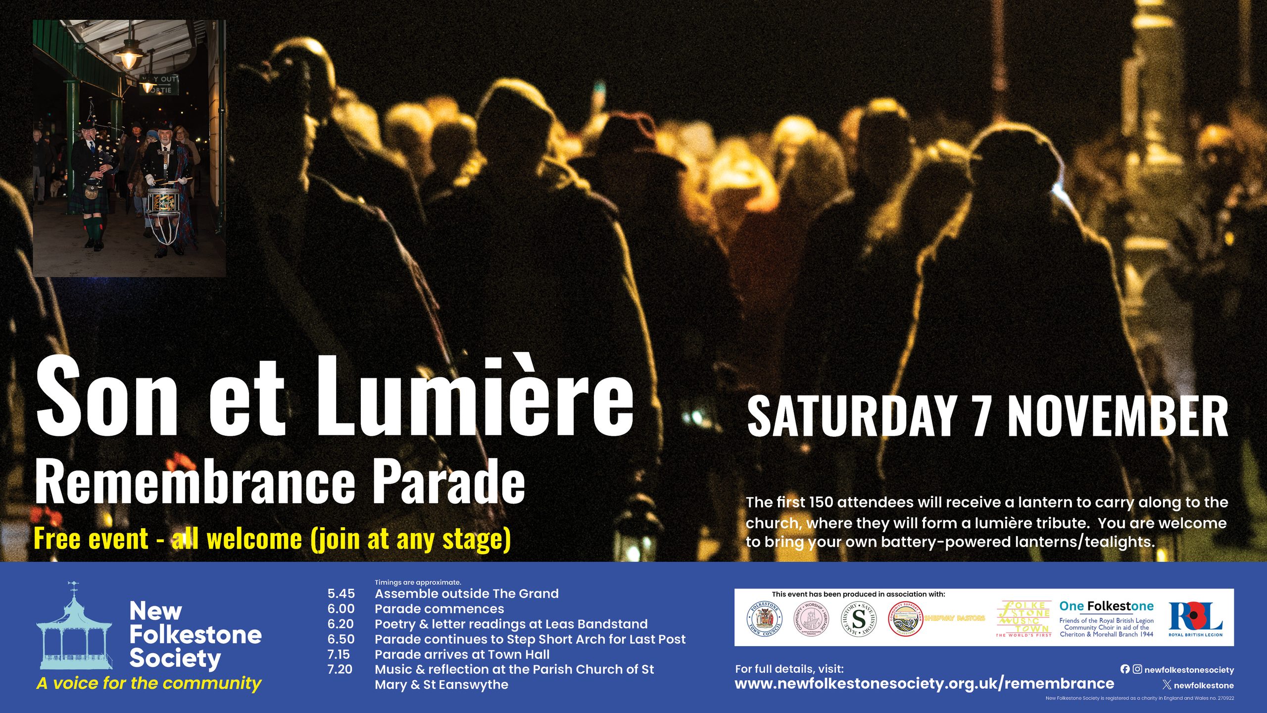 Poster for Son et Lumière Remembrance Parade. The poster is in the Society's colours - white and yellow text on a blue background - and features an image of silhoeutted people carrying lanterns at a previous year's event